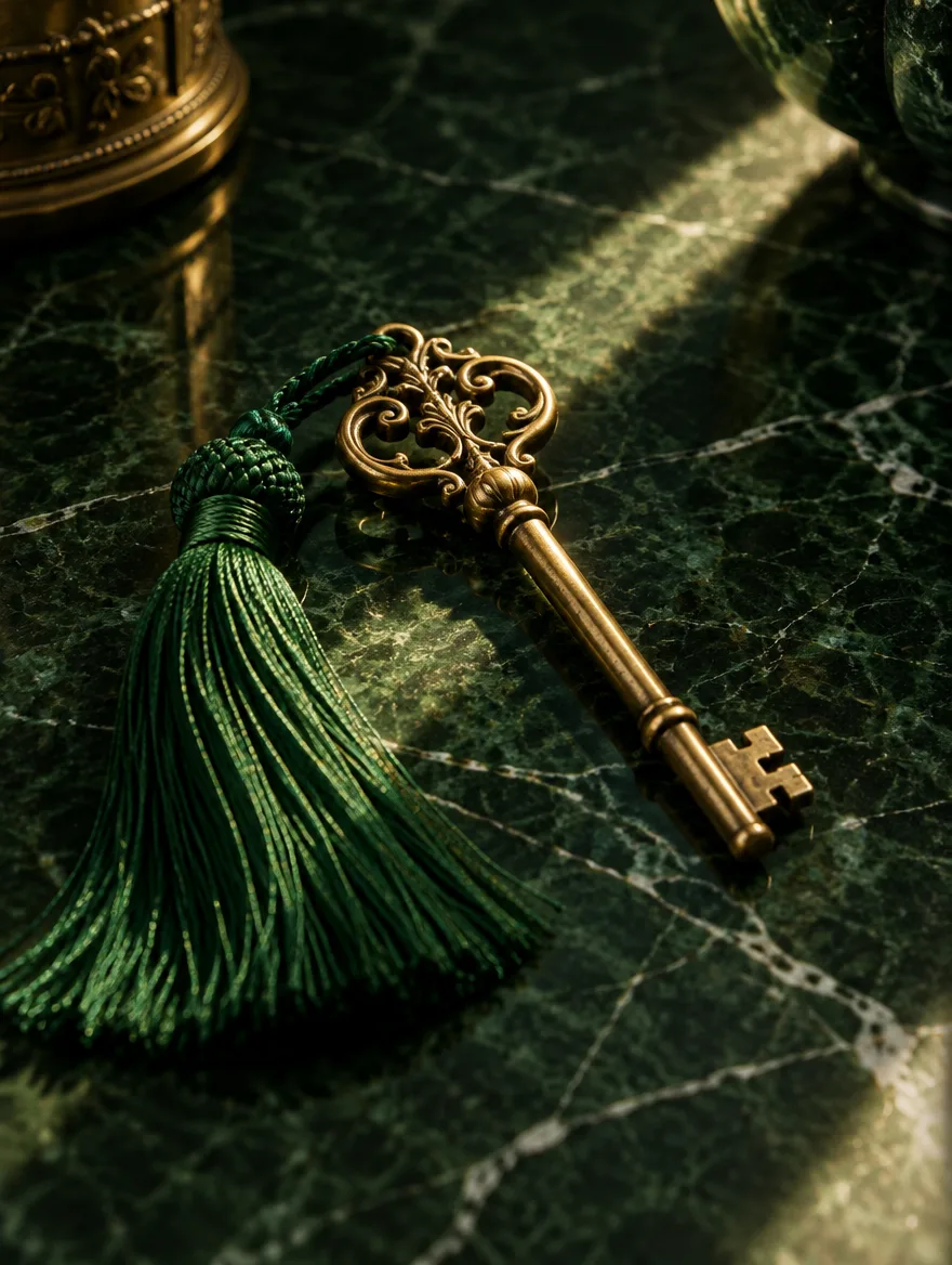 Llave antigua de latón sobre mármol verde