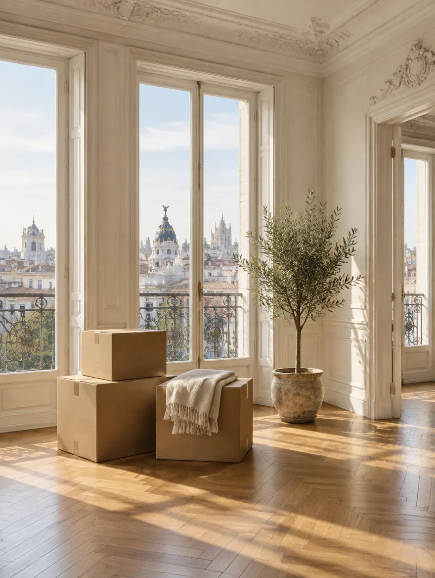 Piso luminoso de Madrid con cajas de mudanza