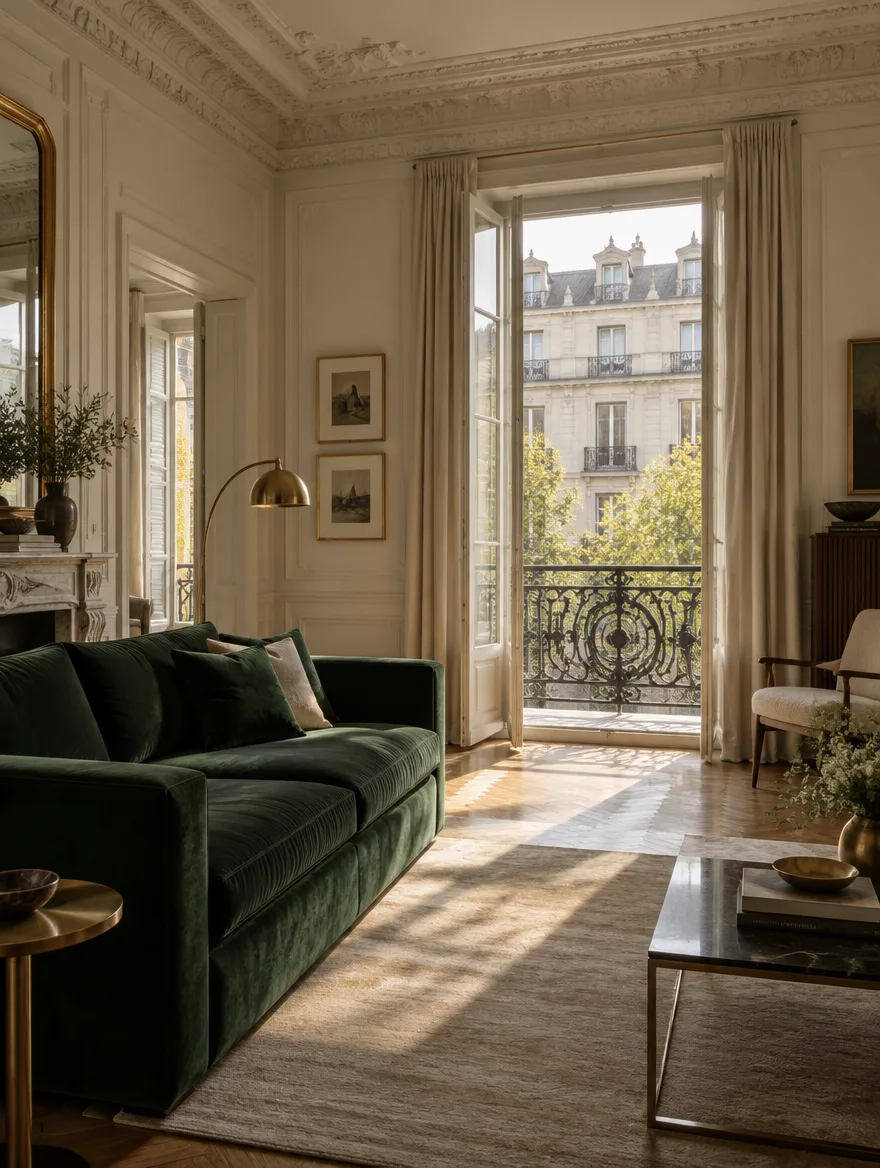 Salón clásico de Madrid con sofá de terciopelo verde